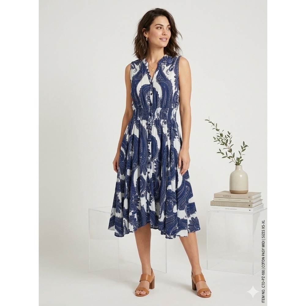 Chelsea & Theodore Cotton Button Midi Dress 1X Sleeveless Smocked Handkerchief
